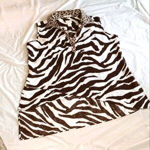 CHICO'S LINEN ANIMAL PRINT LONG  TOP W/ CRISS-CROSS ASYMMETRIC HEM, TIGER COLLAR